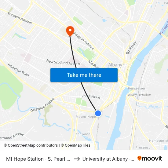 Mt Hope Station - S. Pearl St & Mt. Hope Dr to University at Albany - Alumni Quad map