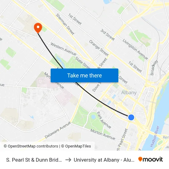 S. Pearl St & Dunn Bridge Ramp to University at Albany - Alumni Quad map