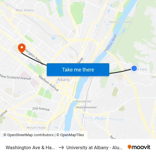 Washington Ave & Haztel Terr to University at Albany - Alumni Quad map