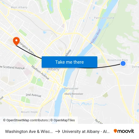 Washington Ave & Wisconsin Ave to University at Albany - Alumni Quad map
