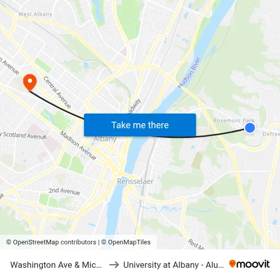 Washington Ave & Michigan Ave to University at Albany - Alumni Quad map