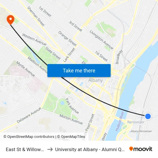 East St & Willow St to University at Albany - Alumni Quad map