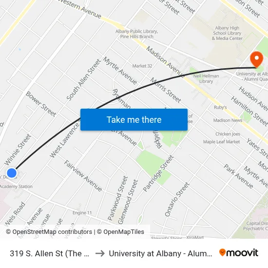 319 S. Allen St (The Raise) to University at Albany - Alumni Quad map