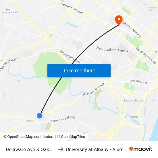 Delaware Ave & Oakwood Pl to University at Albany - Alumni Quad map