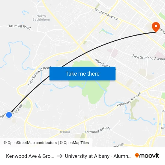 Kenwood Ave & Grove St to University at Albany - Alumni Quad map