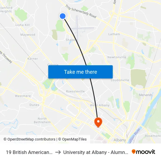 19 British American Blvd to University at Albany - Alumni Quad map