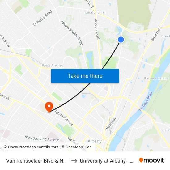 Van Rensselaer Blvd & North Sage Hill to University at Albany - Alumni Quad map
