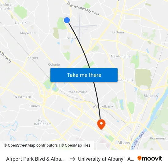 Airport Park Blvd & Albany Shaker Rd to University at Albany - Alumni Quad map