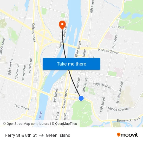 Ferry St & 8th St to Green Island map