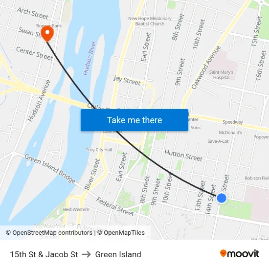 15th St & Jacob St to Green Island map