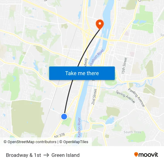 Broadway & 1st to Green Island map