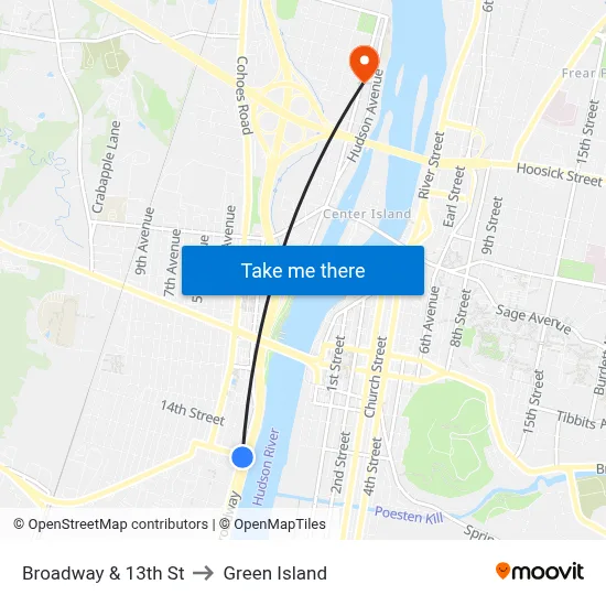 Broadway & 13th St to Green Island map