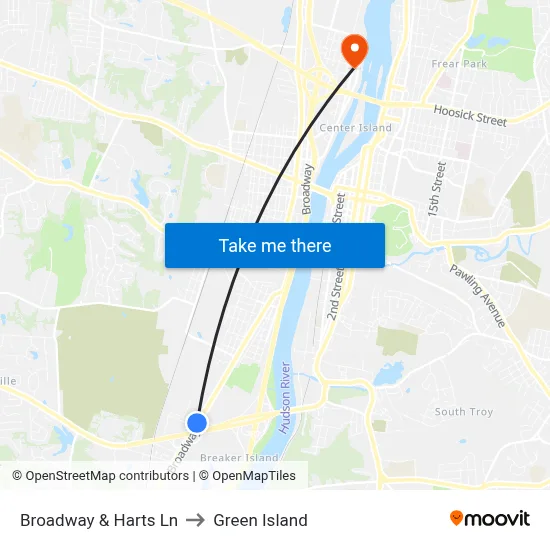 Broadway & Harts Ln to Green Island map