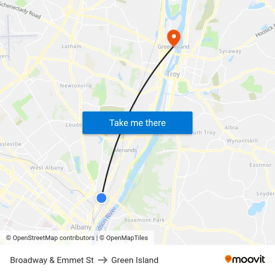 Broadway & Emmet St to Green Island map