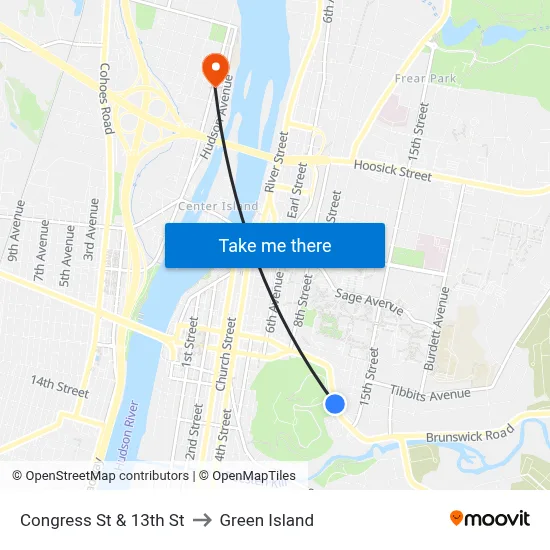Congress St & 13th St to Green Island map