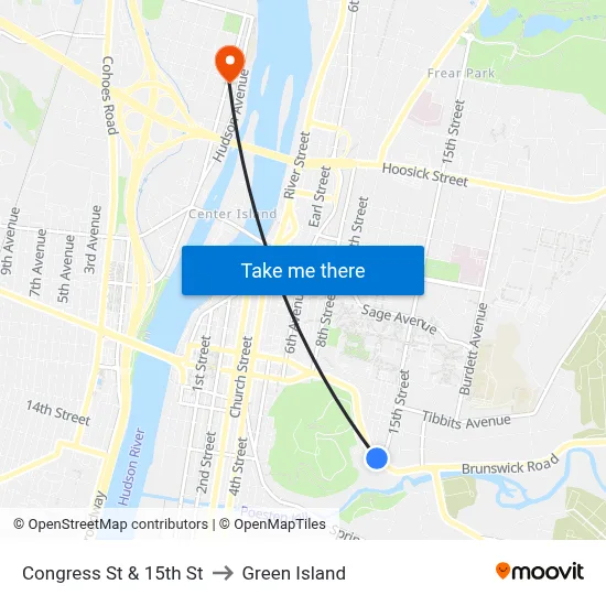 Congress St & 15th St to Green Island map