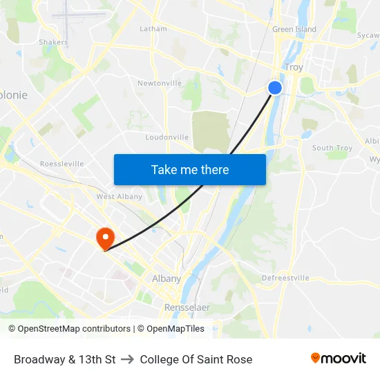 Broadway & 13th St to College Of Saint Rose map