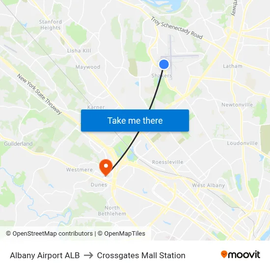 Albany Airport ALB to Crossgates Mall Station map