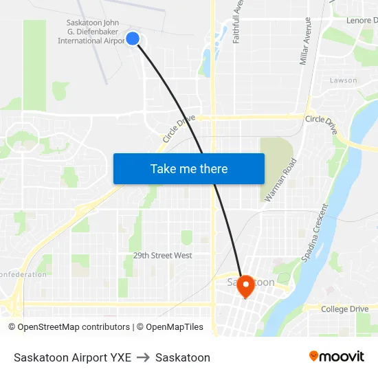 Saskatoon Airport YXE to Saskatoon map