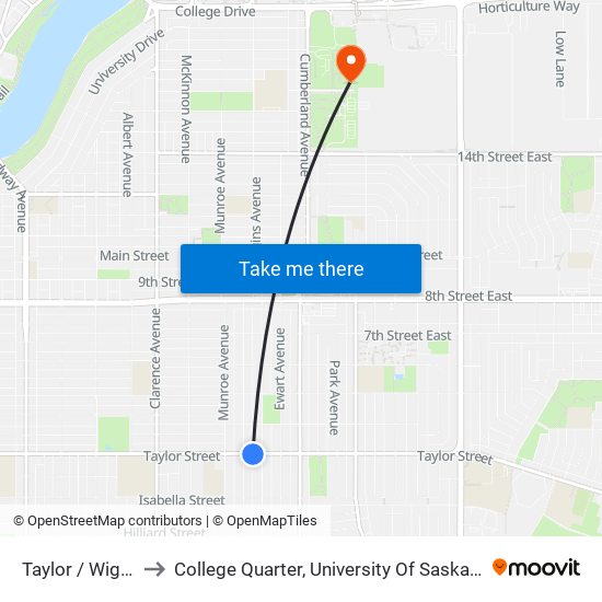 Taylor / Wiggins to College Quarter, University Of Saskatchewan map