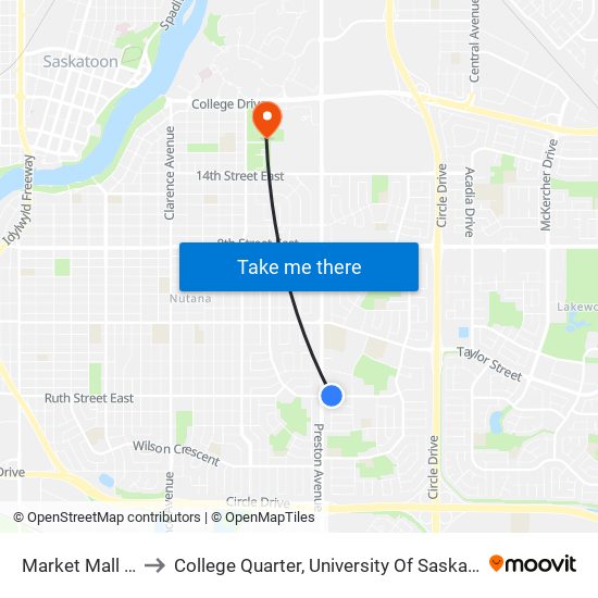 Market Mall Hub to College Quarter, University Of Saskatchewan map