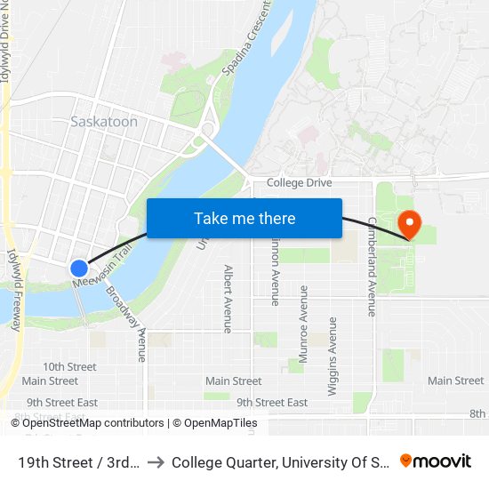 19th Street / 3rd Avenue to College Quarter, University Of Saskatchewan map