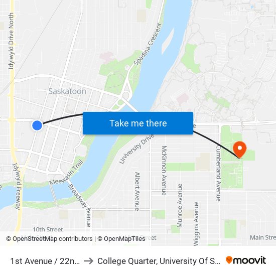 1st Avenue / 22nd Street to College Quarter, University Of Saskatchewan map