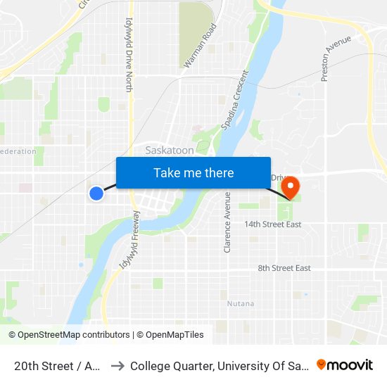 20th Street / Avenue F to College Quarter, University Of Saskatchewan map