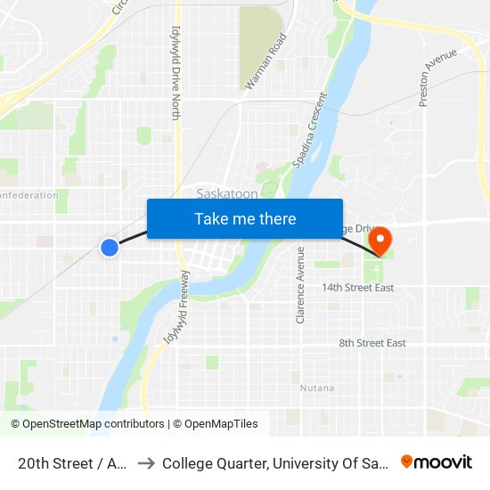 20th Street / Avenue I to College Quarter, University Of Saskatchewan map