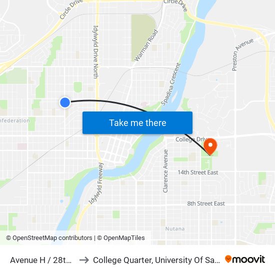 Avenue H / 28th Street to College Quarter, University Of Saskatchewan map