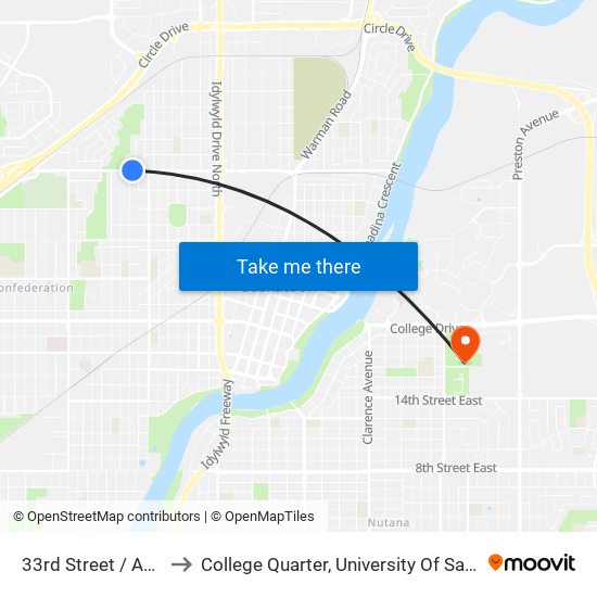 33rd Street / Avenue J to College Quarter, University Of Saskatchewan map