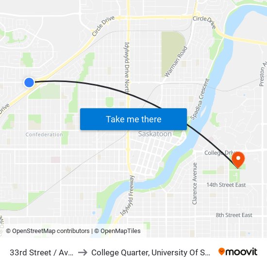 33rd Street / Avenue W to College Quarter, University Of Saskatchewan map