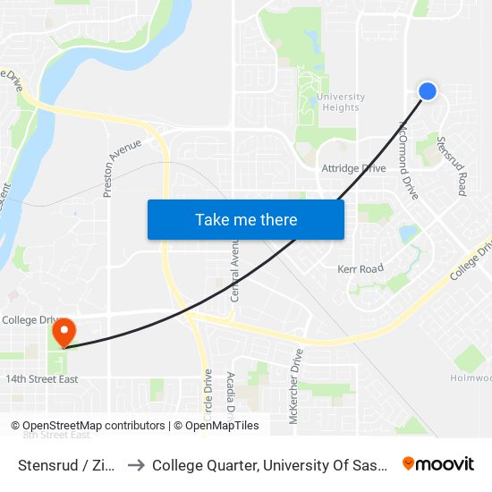 Stensrud / Zimmer to College Quarter, University Of Saskatchewan map