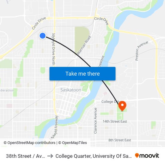 38th Street / Avenue E to College Quarter, University Of Saskatchewan map