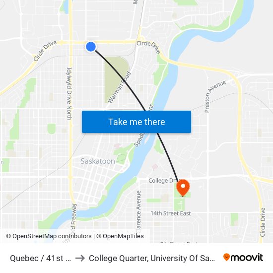 Quebec / 41st Street to College Quarter, University Of Saskatchewan map