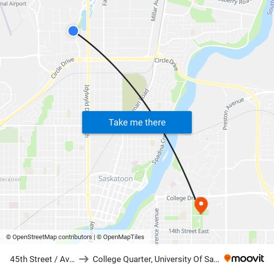 45th Street / Avenue C to College Quarter, University Of Saskatchewan map