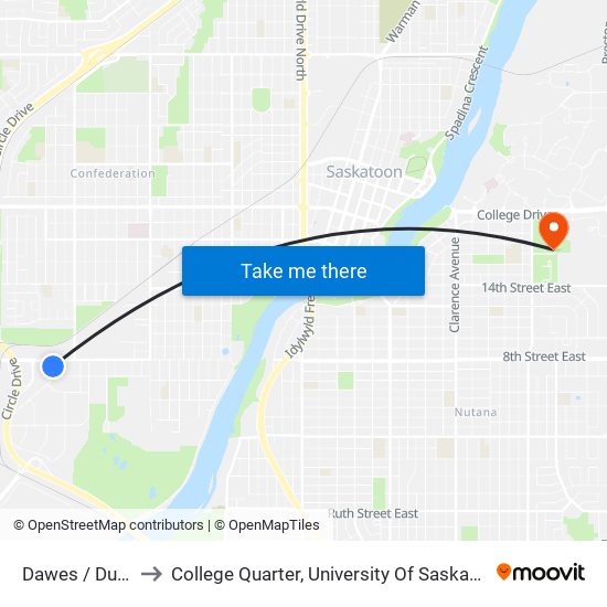 Dawes / Dudley to College Quarter, University Of Saskatchewan map