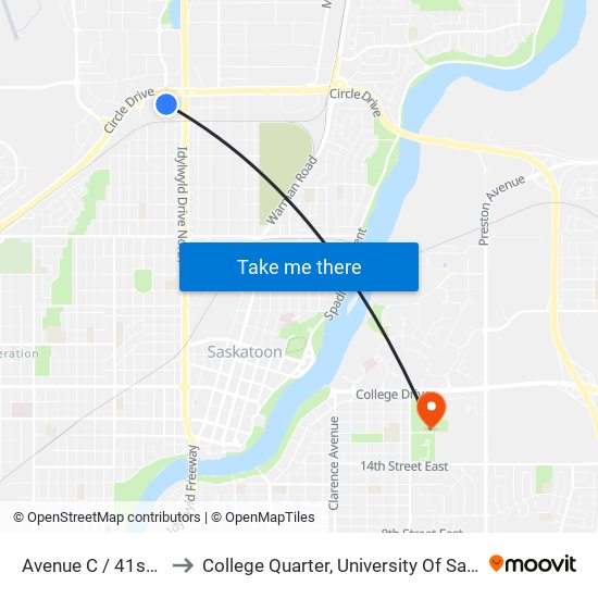 Avenue C / 41st Street to College Quarter, University Of Saskatchewan map