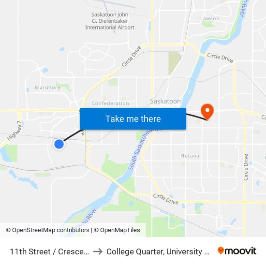 11th Street / Crescent Boulevard to College Quarter, University Of Saskatchewan map