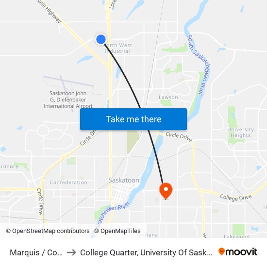 Marquis / Costco to College Quarter, University Of Saskatchewan map