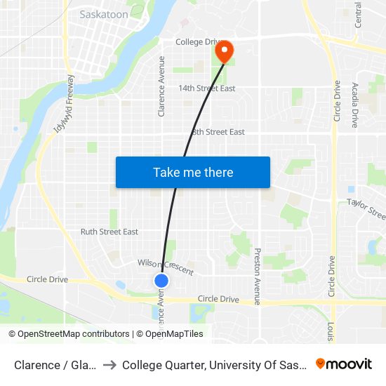 Clarence / Glasgow to College Quarter, University Of Saskatchewan map