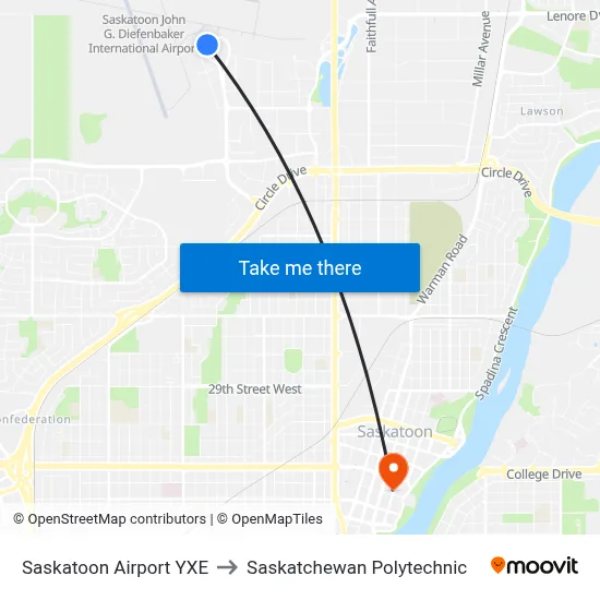 Saskatoon Airport YXE to Saskatchewan Polytechnic map