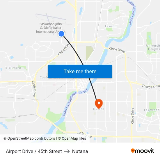 Airport Drive / 45th Street to Nutana map