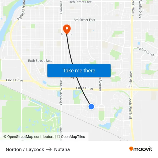 Gordon / Laycock to Nutana map