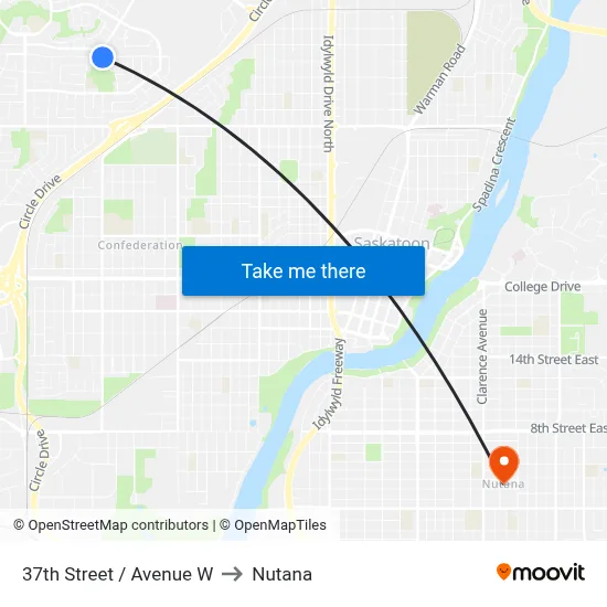 37th Street / Avenue W to Nutana map