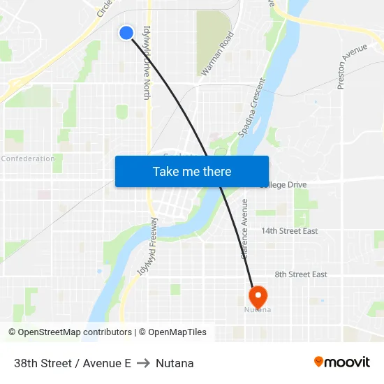 38th Street / Avenue E to Nutana map