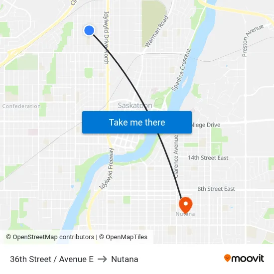 36th Street / Avenue E to Nutana map