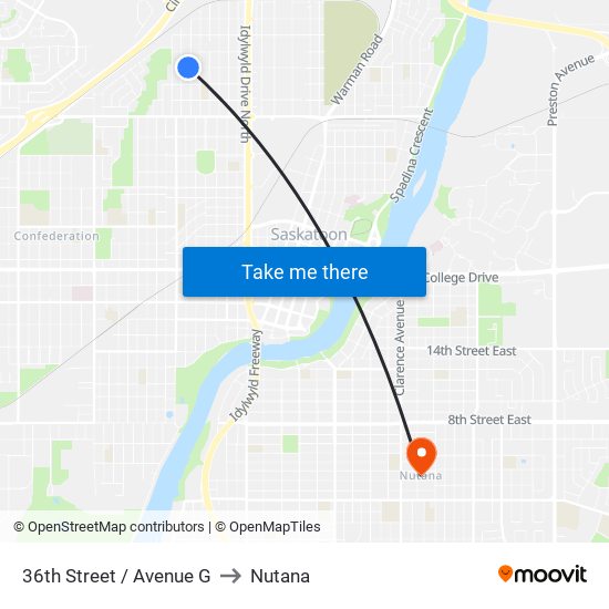 36th Street / Avenue G to Nutana map