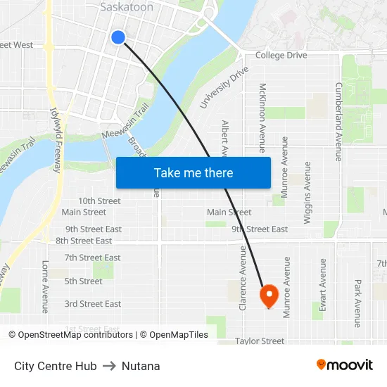 City Centre Hub to Nutana map