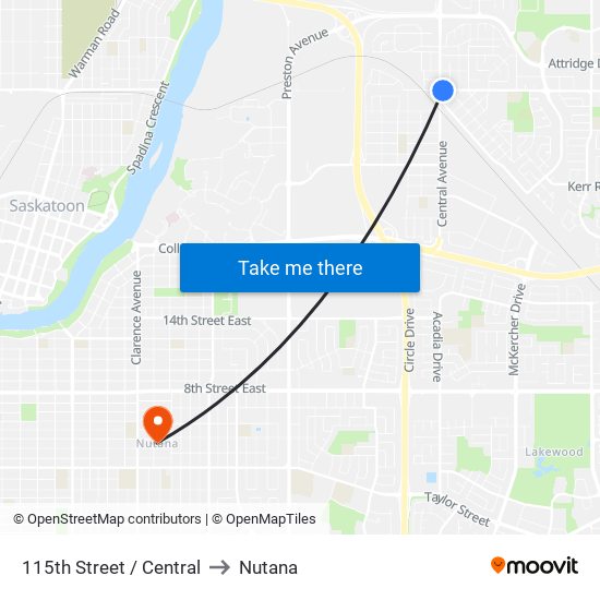 115th Street / Central to Nutana map